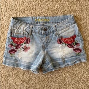 Vigoss Women's Blue Jean Shorts with Red and Purple Embroidery